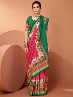 Akhilam - Womens Viscose Pink Printed Designer Saree with Unstitched Blouse