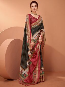 Akhilam - Womens Viscose Black Printed Designer Saree with Unstitched Blouse