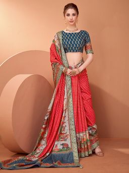 Akhilam - Womens Viscose Red Printed Designer Saree with Unstitched Blouse