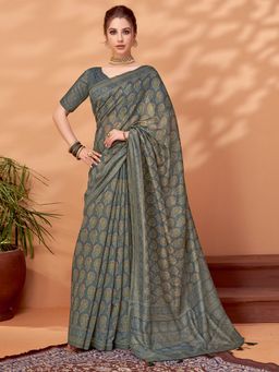 Akhilam - Womens Cotton Silk Grey Printed Designer Saree with Unstitched Blouse