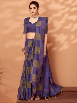 Akhilam - Womens Cotton Silk Purple Printed Designer Saree with Unstitched Blouse