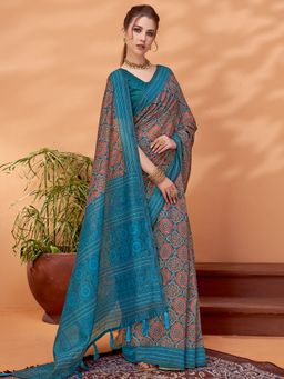 Akhilam - Womens Cotton Silk Light Blue Printed Designer Saree with Unstitched Blouse