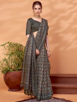 Akhilam - Womens Cotton Silk Grey Printed Designer Saree with Unstitched Blouse
