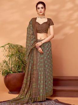Akhilam - Womens Cotton Silk Brown Printed Designer Saree with Unstitched Blouse