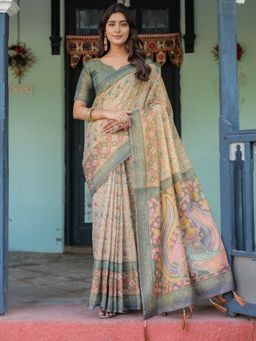 Akhilam - Womens Cotton Blend Beige Digital Print Designer Saree with Unstitched Blouse