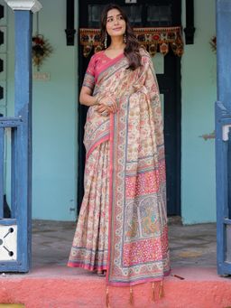 Akhilam - Womens Cotton Blend Beige Digital Print Designer Saree with Unstitched Blouse