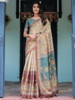 Akhilam - Womens Cotton Blend Beige Digital Print Designer Saree with Unstitched Blouse