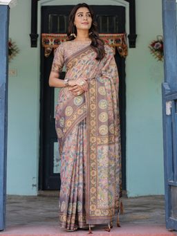Akhilam - Womens Cotton Blend Beige Digital Print Designer Saree with Unstitched Blouse