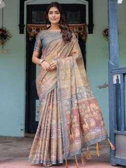 Akhilam - Womens Cotton Blend Beige Digital Print Designer Saree with Unstitched Blouse