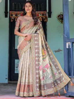 Akhilam - Womens Cotton Blend Cream Digital Print Designer Saree with Unstitched Blouse