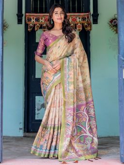 Akhilam - Womens Cotton Blend Beige Digital Print Designer Saree with Unstitched Blouse