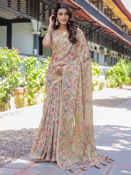 Akhilam - Womens Cotton Blend Beige Digital Print Designer Saree with Unstitched Blouse
