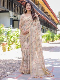 Akhilam - Womens Cotton Blend Beige Digital Print Designer Saree with Unstitched Blouse