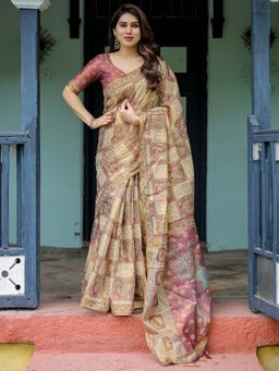 Akhilam - Womens Cotton Blend Beige Digital Print Designer Saree with Unstitched Blouse