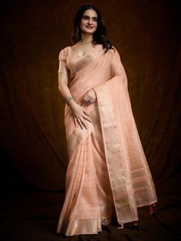 Akhilam - Womens Linen Blend Peach Woven Designer Saree with Unstitched Blouse