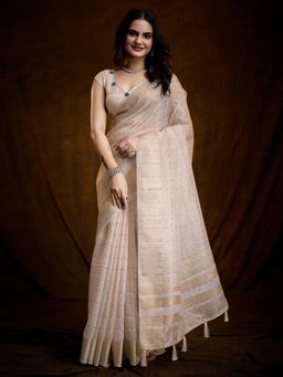 Akhilam - Womens Linen Blend Off White Woven Designer Saree with Unstitched Blouse