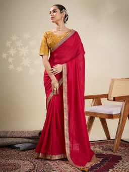 Akhilam - Womens Vichitra Silk Red Embellished Designer Saree with Unstitched Blouse