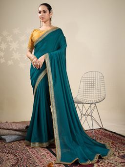 Akhilam - Womens Vichitra Silk Teal Blue Embellished Designer Saree with Unstitched Blouse