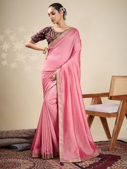 Akhilam - Womens Vichitra Silk Peach Embellished Designer Saree with Unstitched Blouse