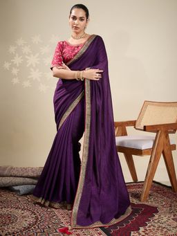Akhilam - Womens Vichitra Silk Purple Embellished Designer Saree with Unstitched Blouse