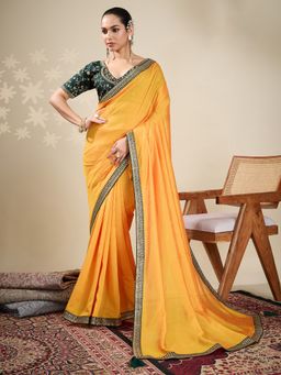 Akhilam - Womens Vichitra Silk Yellow Embellished Designer Saree with Unstitched Blouse