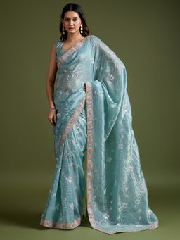 Akhilam - Womens Tissue Light Blue Embellished Designer Saree with Unstitched Blouse