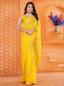 Akhilam - Womens Georgette Yellow Embellished Designer Saree with Unstitched Blouse