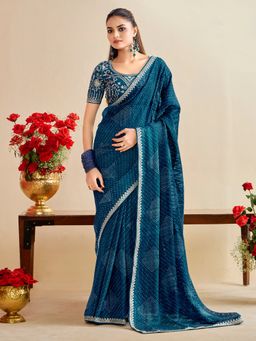 Akhilam - Womens Georgette Blue Embroidered Designer Saree with Unstitched Blouse