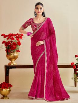 Akhilam - Womens Georgette Pink Embroidered Designer Saree with Unstitched Blouse