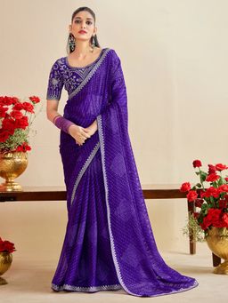 Akhilam - Womens Georgette Lavendar Embroidered Designer Saree with Unstitched Blouse