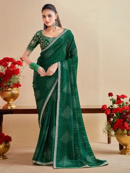 Akhilam - Womens Georgette Green Embroidered Designer Saree with Unstitched Blouse