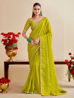 Akhilam - Womens Georgette Lemon Yellow Embroidered Designer Saree with Unstitched Blouse