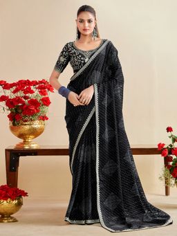 Akhilam - Womens Georgette Black Embroidered Designer Saree with Unstitched Blouse
