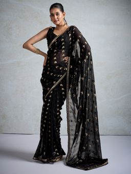 Akhilam - Womens Georgette Black Embellished Designer Saree with Unstitched Blouse