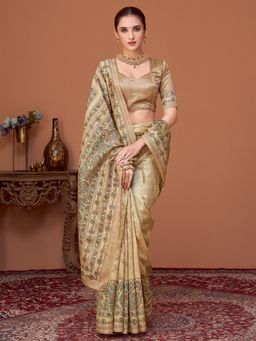 Akhilam - Womens Cotton Silk Beige Printed Designer Saree with Unstitched Blouse