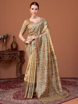 Akhilam - Womens Cotton Silk Beige Printed Designer Saree with Unstitched Blouse