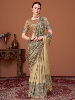 Akhilam - Womens Cotton Silk Beige Printed Designer Saree with Unstitched Blouse