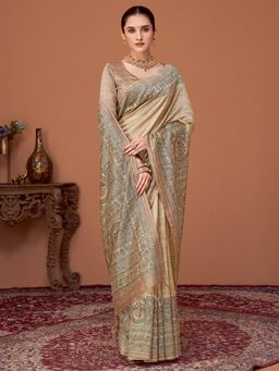 Akhilam - Womens Cotton Silk Beige Printed Designer Saree with Unstitched Blouse