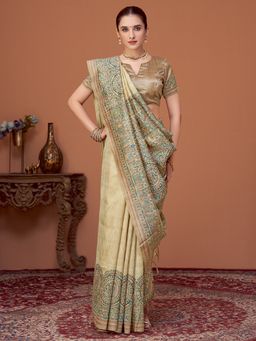 Akhilam - Womens Cotton Silk Beige Printed Designer Saree with Unstitched Blouse