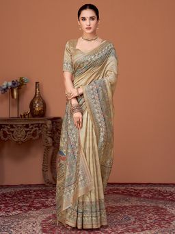 Akhilam - Womens Cotton Silk Beige Printed Designer Saree with Unstitched Blouse