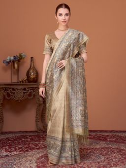 Akhilam - Womens Cotton Silk Beige Printed Designer Saree with Unstitched Blouse