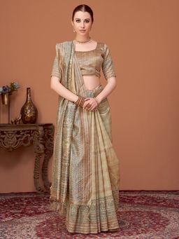 Akhilam - Womens Cotton Silk Beige Printed Designer Saree with Unstitched Blouse