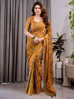 Akhilam - Womens Chiffon Mustard Printed Designer Saree with Unstitched Blouse