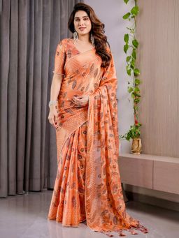Akhilam - Womens Chiffon Orange Printed Designer Saree with Unstitched Blouse
