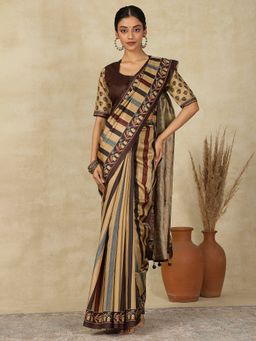 Akhilam - Womens Silk Blend Beige Printed Designer Saree with Unstitched Blouse