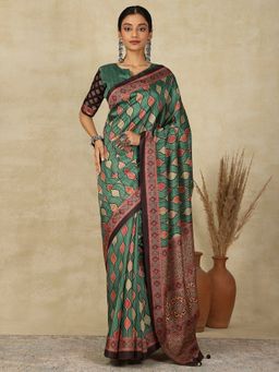 Akhilam - Womens Silk Blend Teal Green Printed Designer Saree with Unstitched Blouse