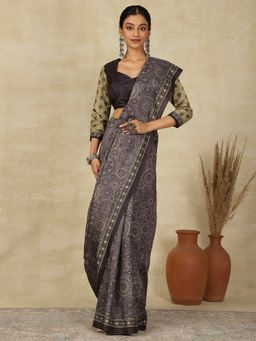 Akhilam - Womens Silk Blend Grey Printed Designer Saree with Unstitched Blouse
