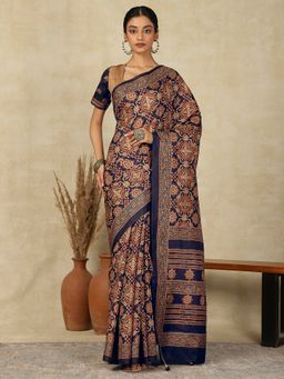 Akhilam - Womens Silk Blend Navy Blue Printed Designer Saree with Unstitched Blouse