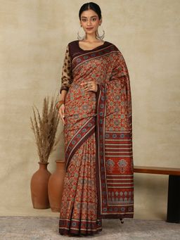 Akhilam - Womens Silk Blend Rust Printed Designer Saree with Unstitched Blouse