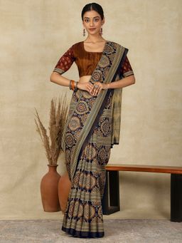 Akhilam - Womens Silk Blend Navy Blue Printed Designer Saree with Unstitched Blouse